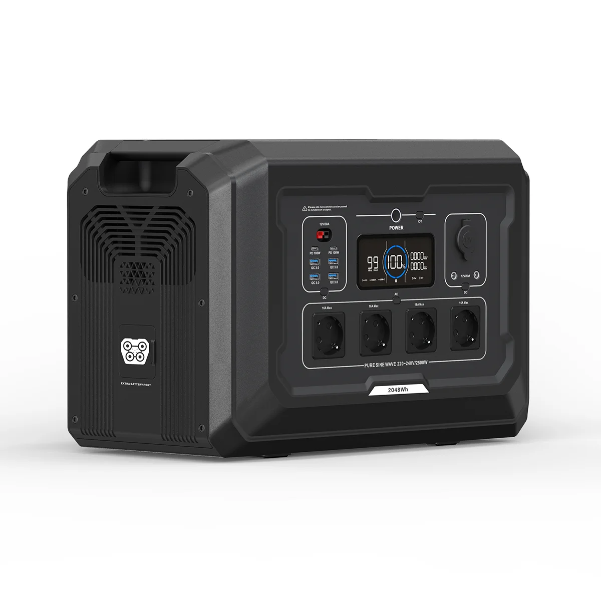 Souop S2 2500W Powerstation Seitenansicht – DC-Hochleistungsausgang 30A, IEC-C20 Eingang, Solar MPPT 150V