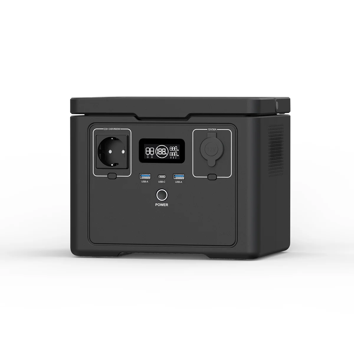 Souop S03PRO Powerstation 600W Frontansicht – LiFePO4-Akku 512Wh mit LCD-Display und Schuko-Steckdose