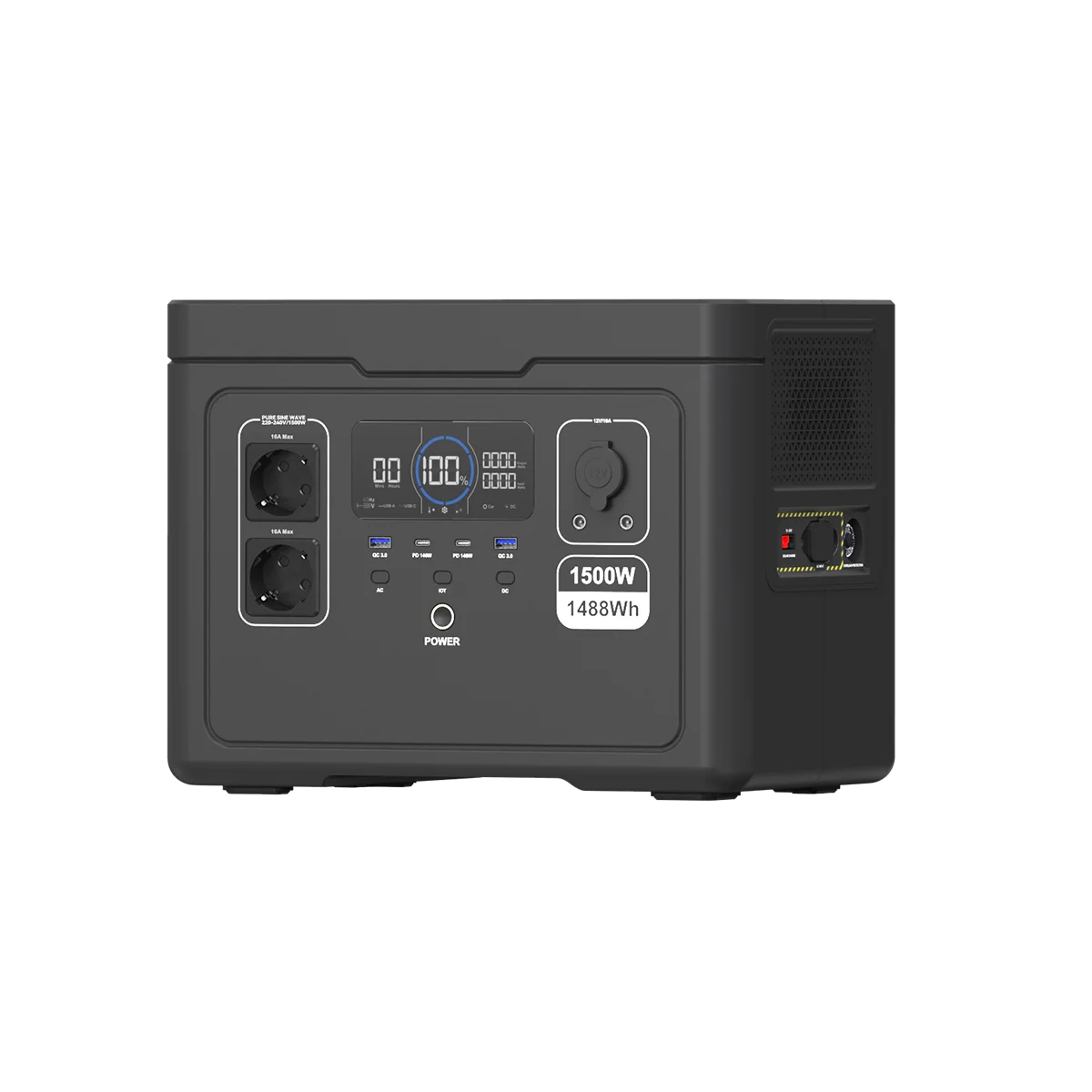 Souop S015 Powerstation 1500W Frontansicht – 1.488Wh LiFePO4, HD-LCD-Display und 230V Schuko-Ausgang