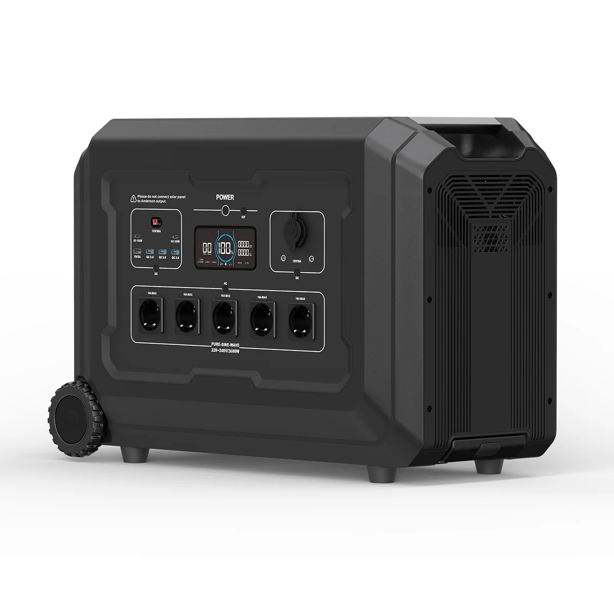 Souop S3 3600W Powerstation Seitenansicht – 40A Ausgangssicherung, IEC-C20 Eingang 2.500W Ladepower